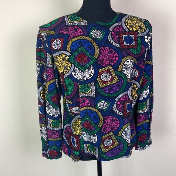 Vintage Evan Picone geometric designed l/s blouse women’s 14 - Picture 1 of 15